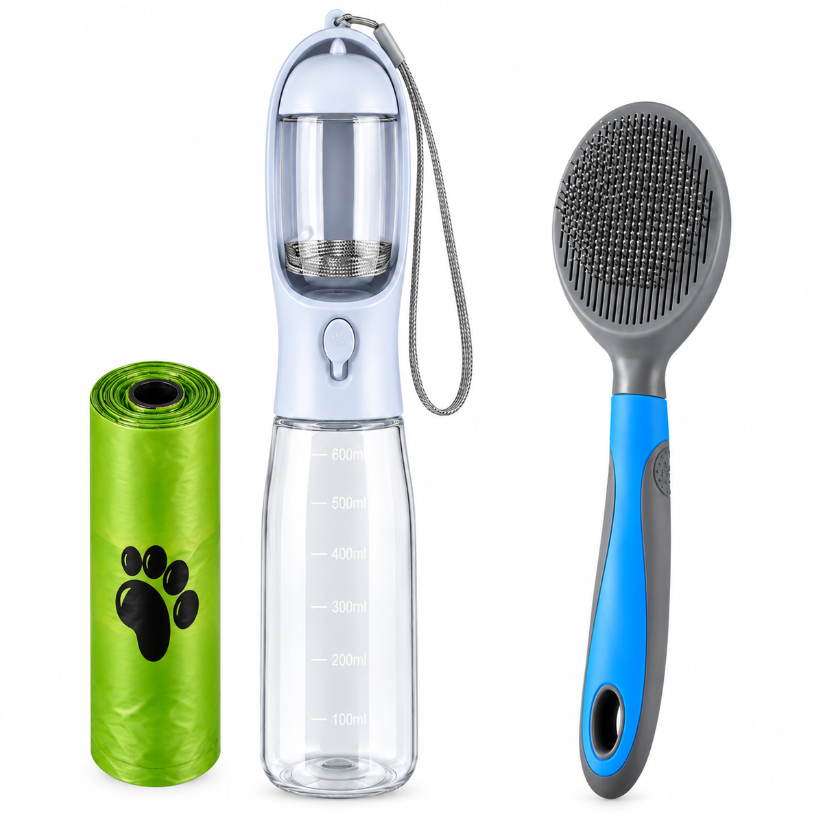 Garrafa de água portátil para cão ou gato, comedouro e dispensador de fezes 3 em 1